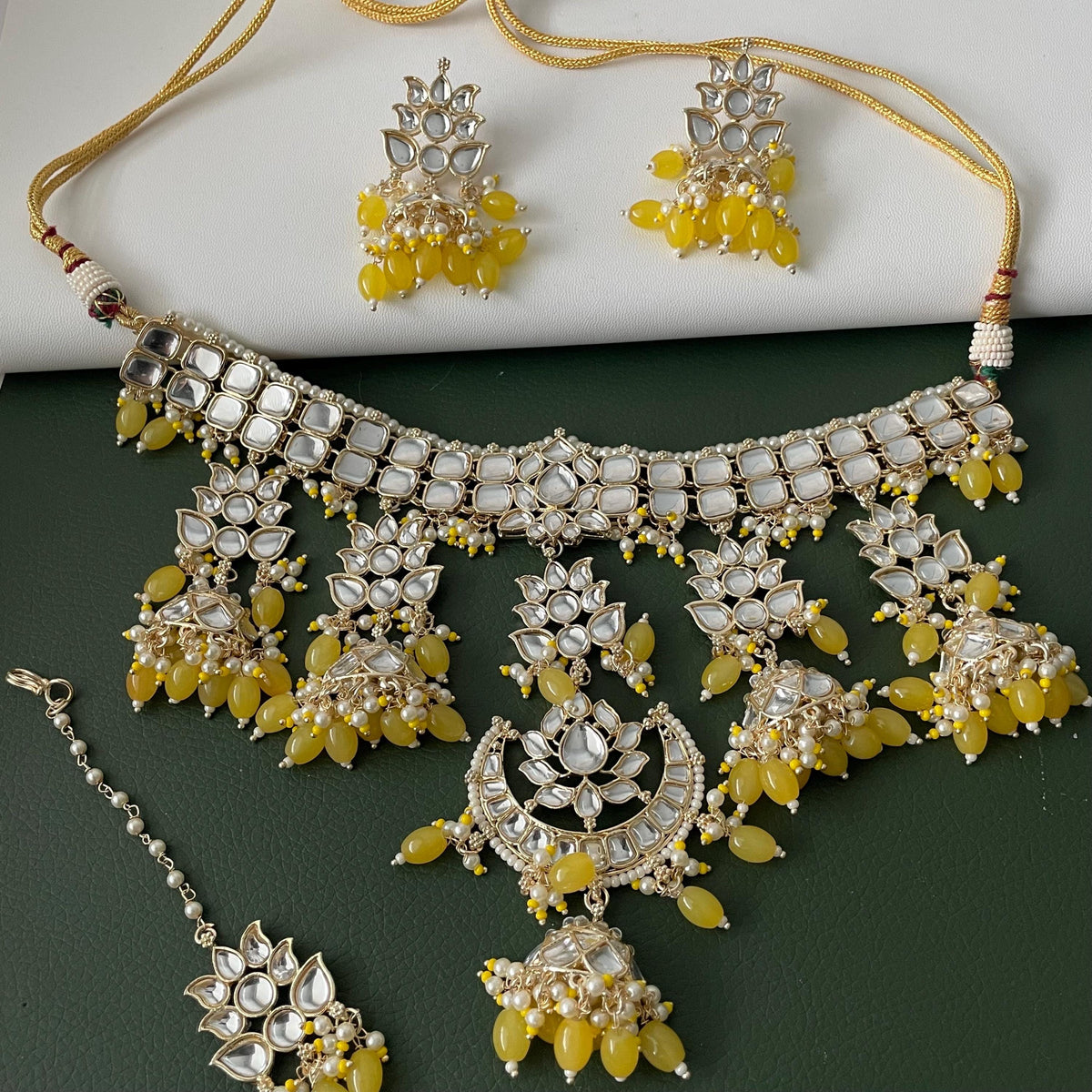 Yellow Kundan Choker Set: Bridal Necklace with Earrings & Maang Tika