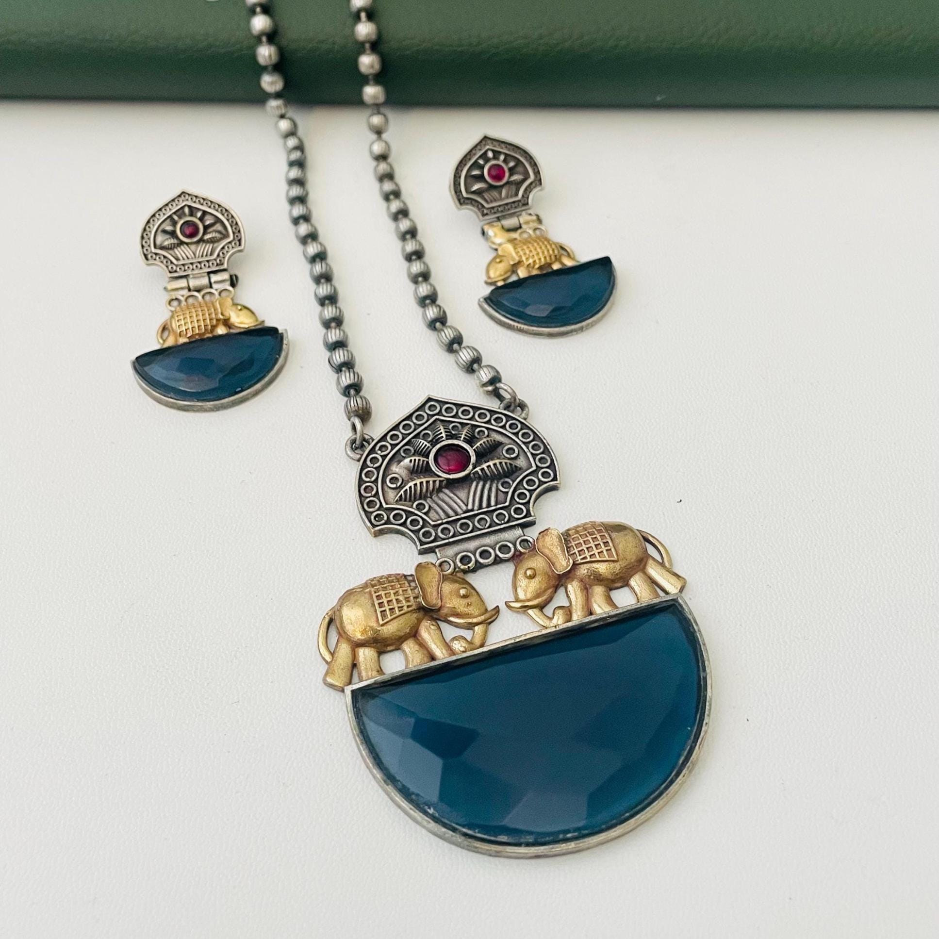 Nysaa Dual tone long necklace with Monalisa stone with matching earrings set