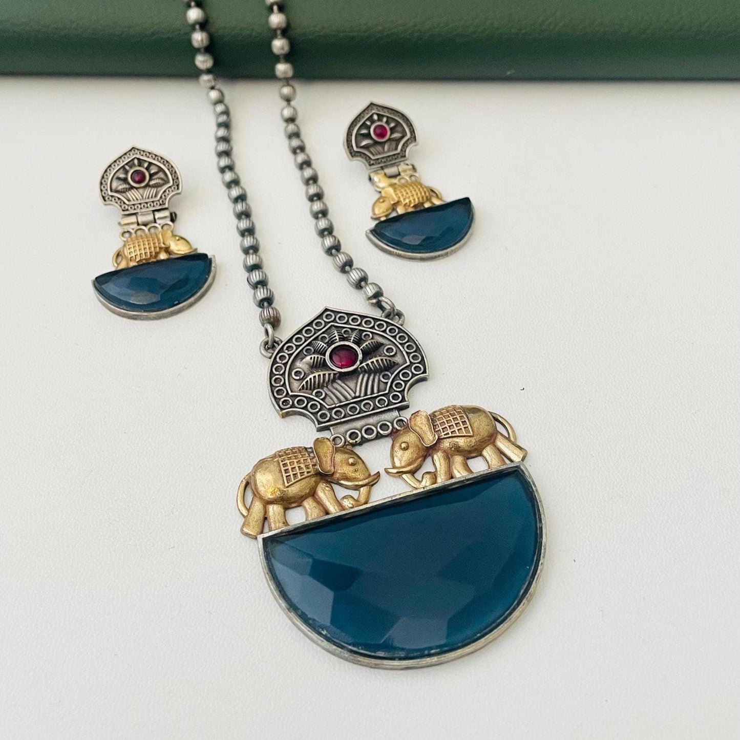 Nysaa Dual tone long necklace with Monalisa stone with matching earrings set