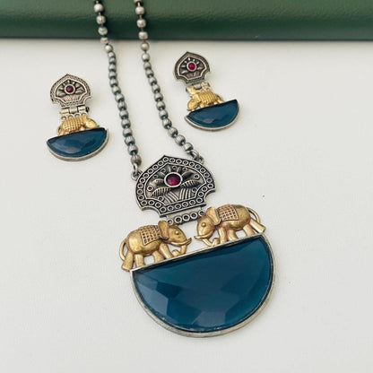 Nysaa Dual tone long necklace with Monalisa stone with matching earrings set
