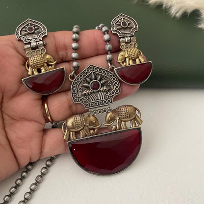 Nysaa Dual tone long necklace with Monalisa stone with matching earrings set