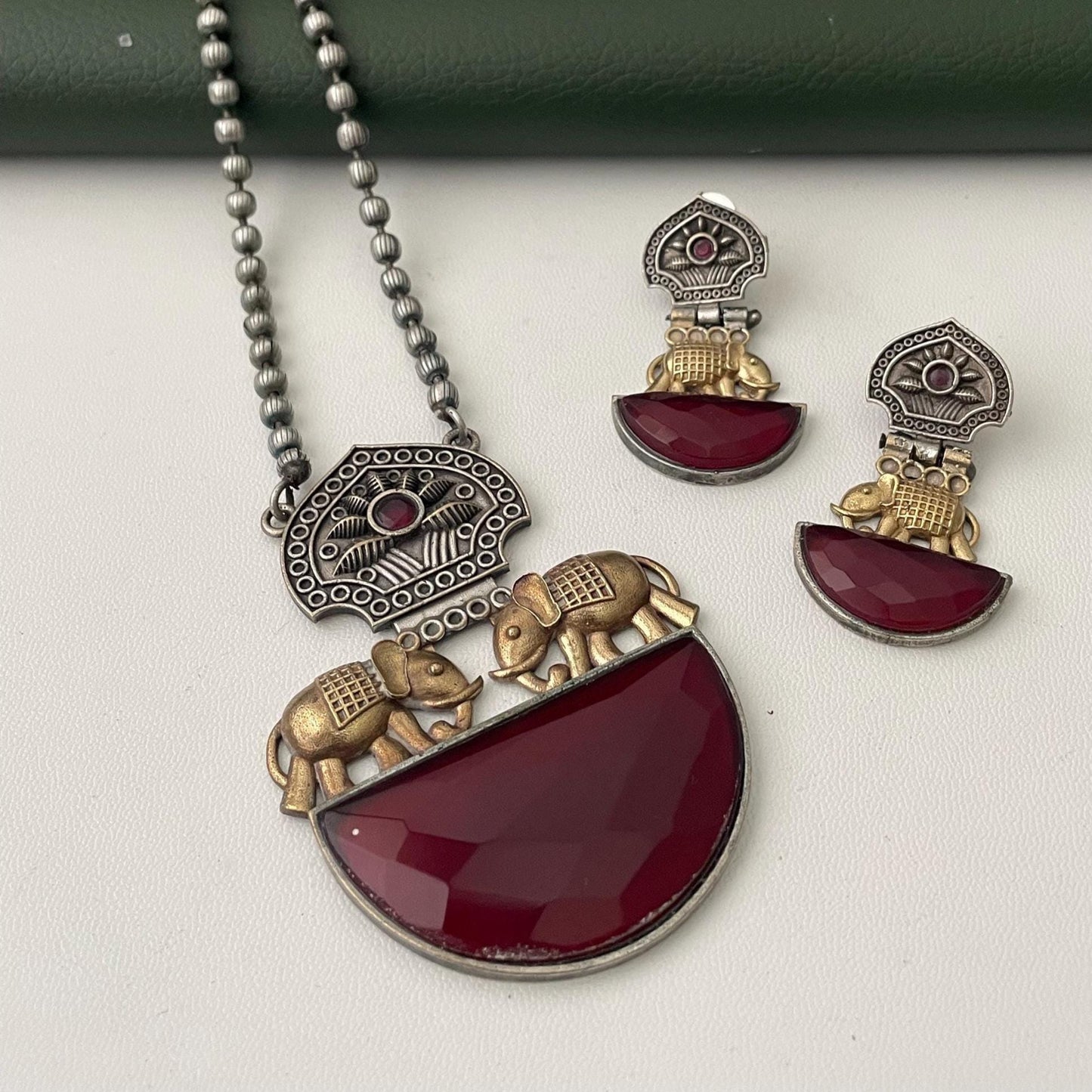 Nysaa Dual tone long necklace with Monalisa stone with matching earrings set