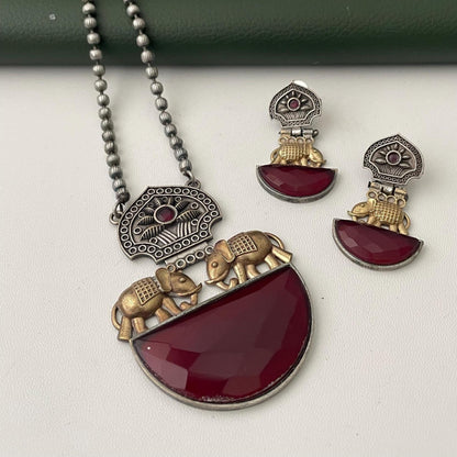 Nysaa Dual tone long necklace with Monalisa stone with matching earrings set