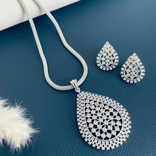 Cubic Zirconia pendant necklace set in rhodium plating or dual tone plating