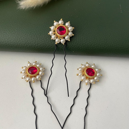 pearl flower with red center Maharashtrian style juda hair pin
