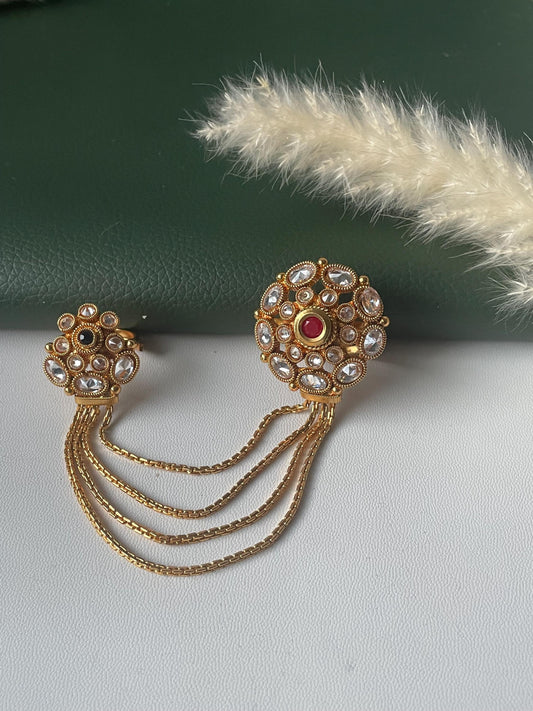 Gold plated two finger kundan chain ring