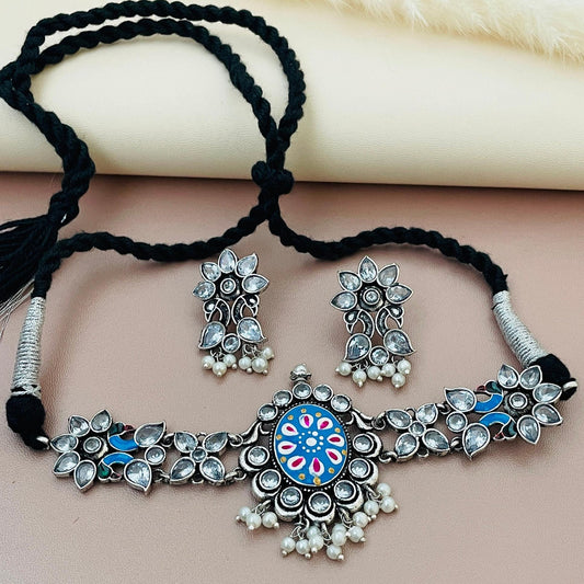 Oxidized Hand-Painted Choker Set: Colorful Stone Necklace