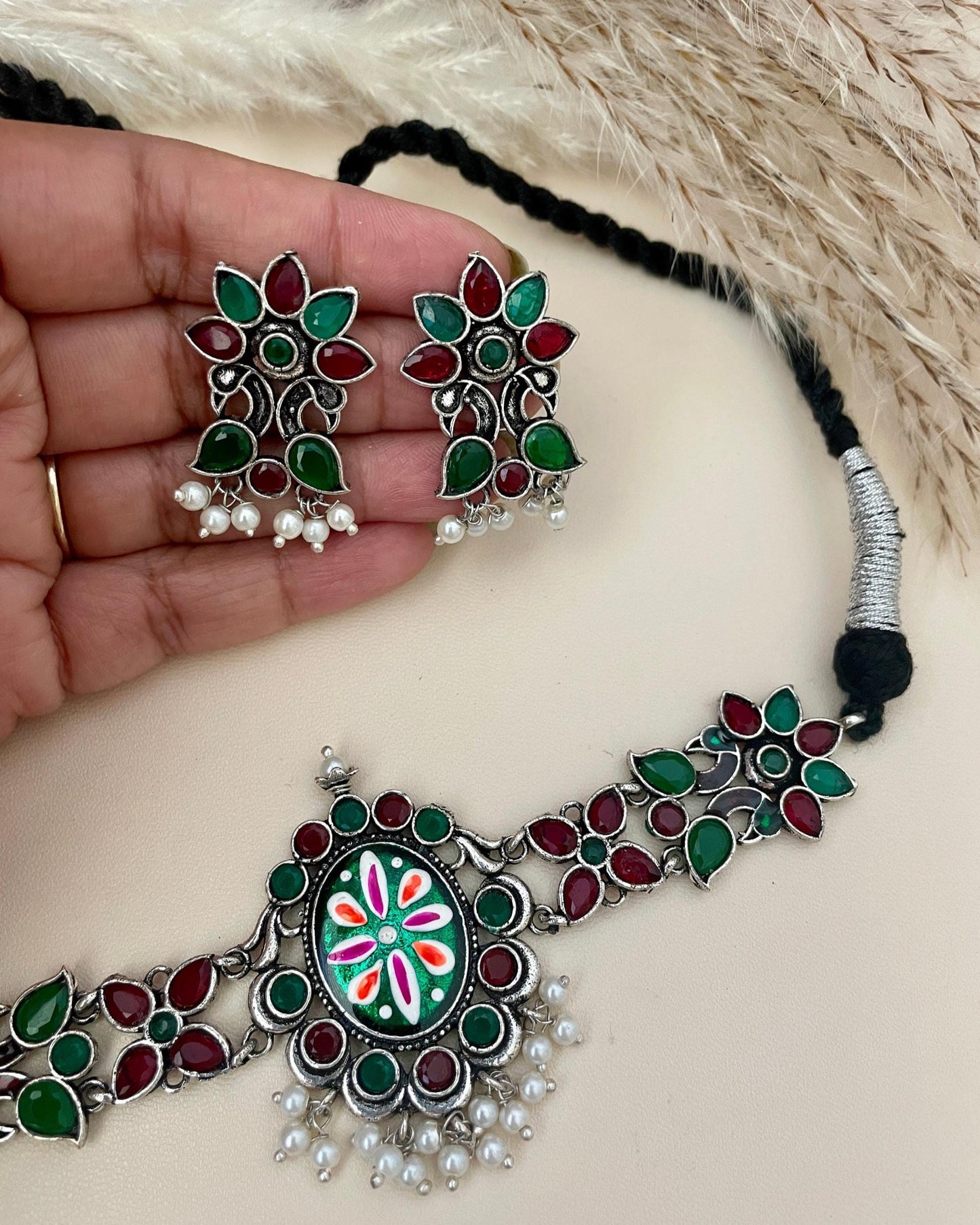 Oxidized Hand-Painted Choker Set: Colorful Stone Necklace