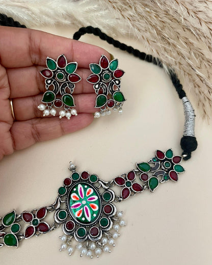 Oxidized Hand-Painted Choker Set: Colorful Stone Necklace
