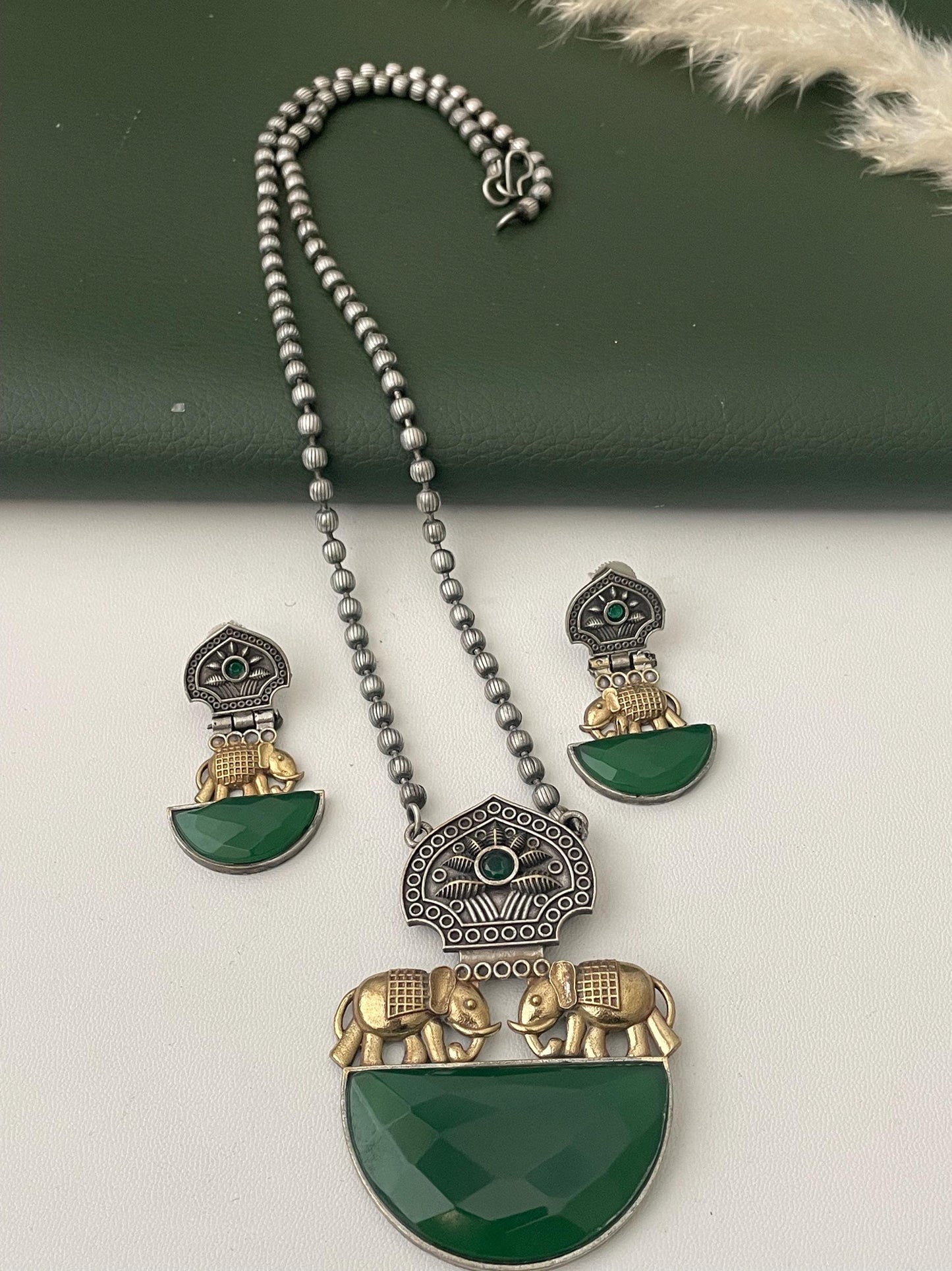 Nysaa Dual tone long necklace with Monalisa stone with matching earrings set