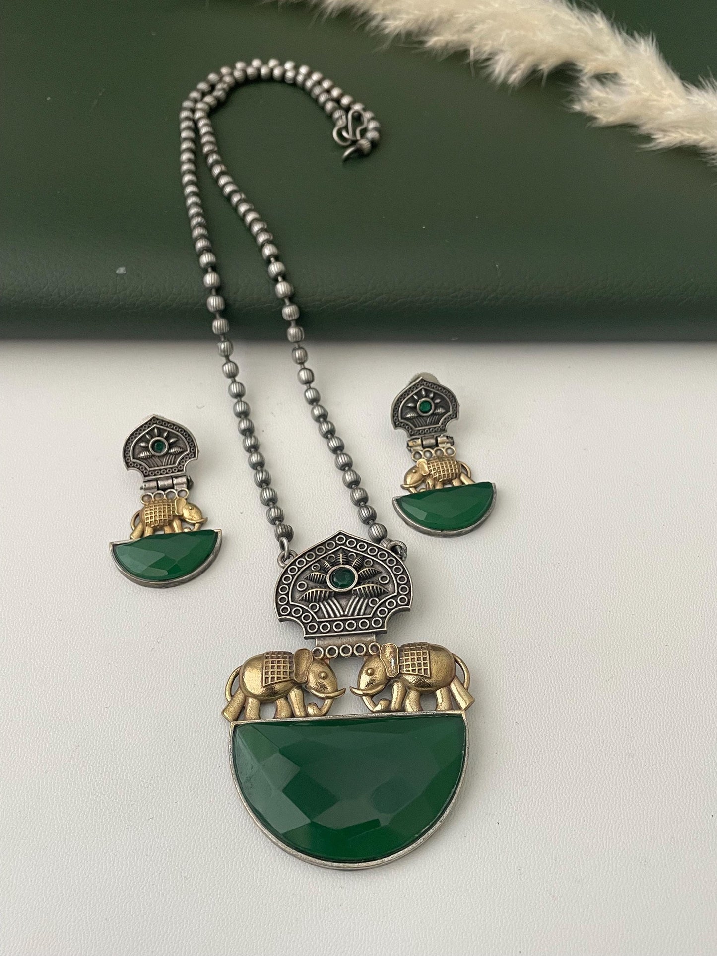 Nysaa Dual tone long necklace with Monalisa stone with matching earrings set