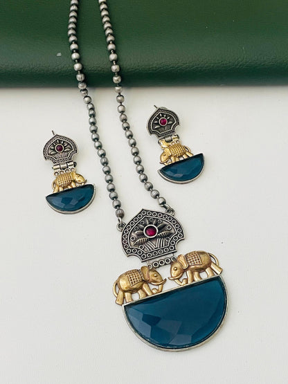 Nysaa Dual tone long necklace with Monalisa stone with matching earrings set