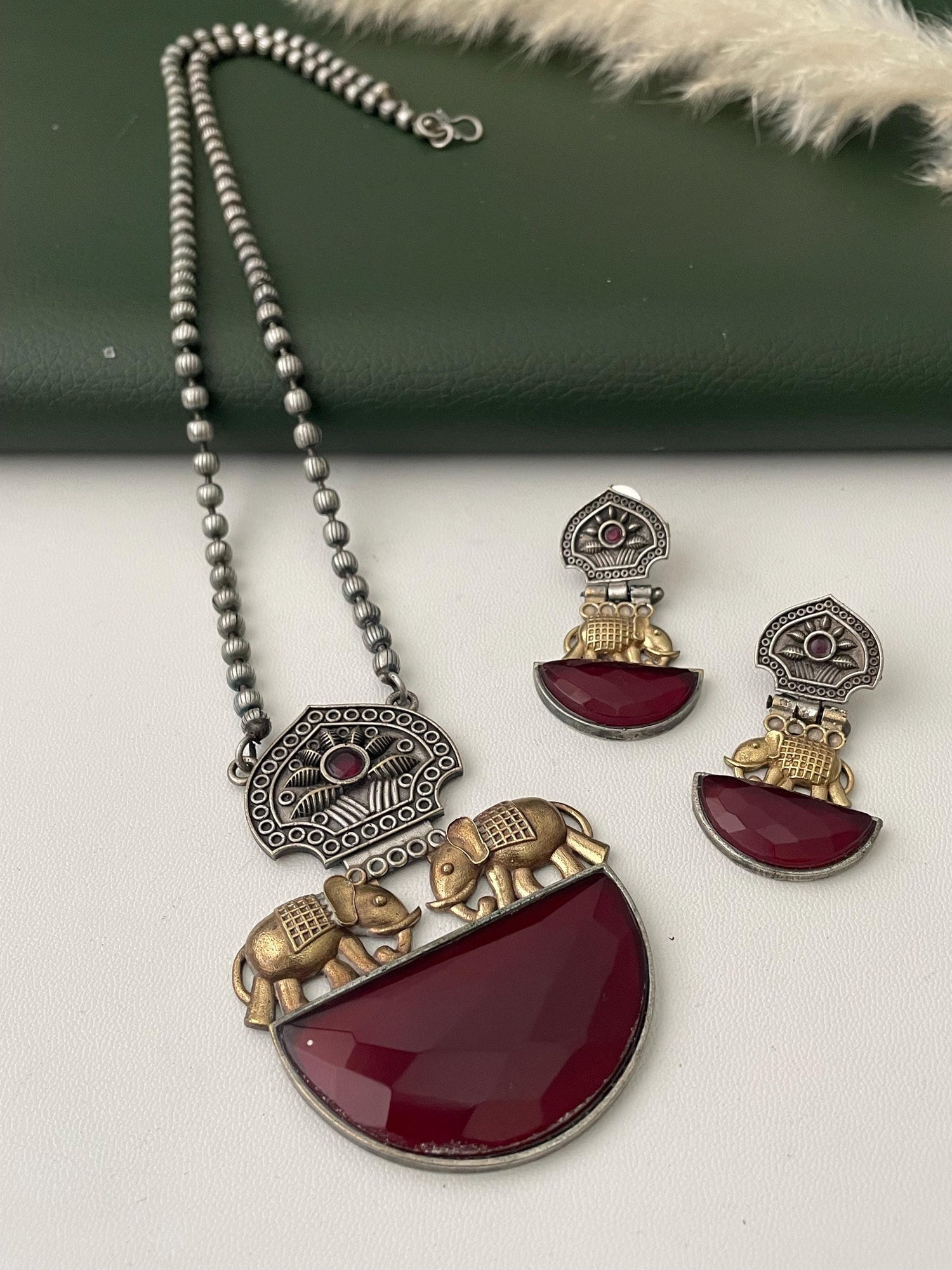 Nysaa Dual tone long necklace with Monalisa stone with matching earrings set