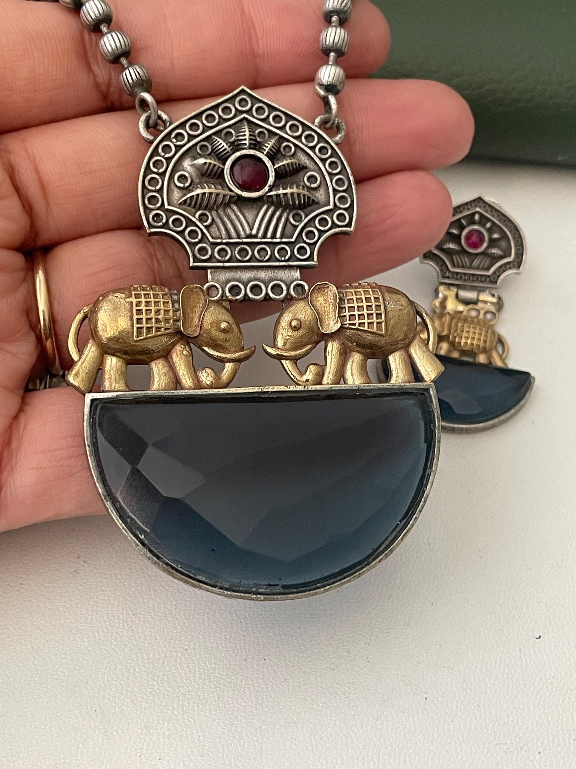 Nysaa Dual tone long necklace with Monalisa stone with matching earrings set