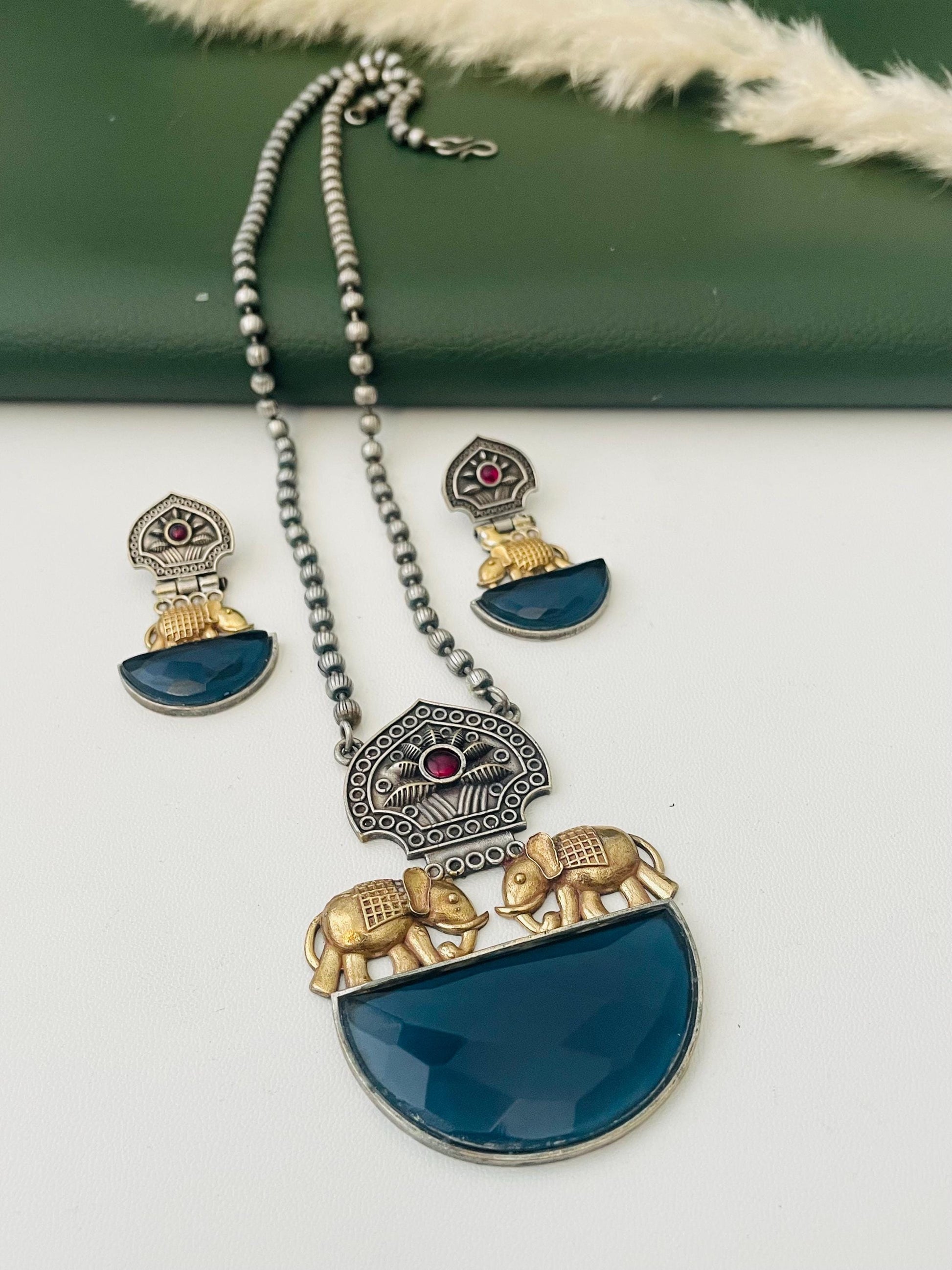 Nysaa Dual tone long necklace with Monalisa stone with matching earrings set