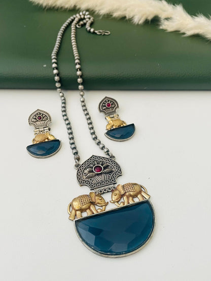 Nysaa Dual tone long necklace with Monalisa stone with matching earrings set