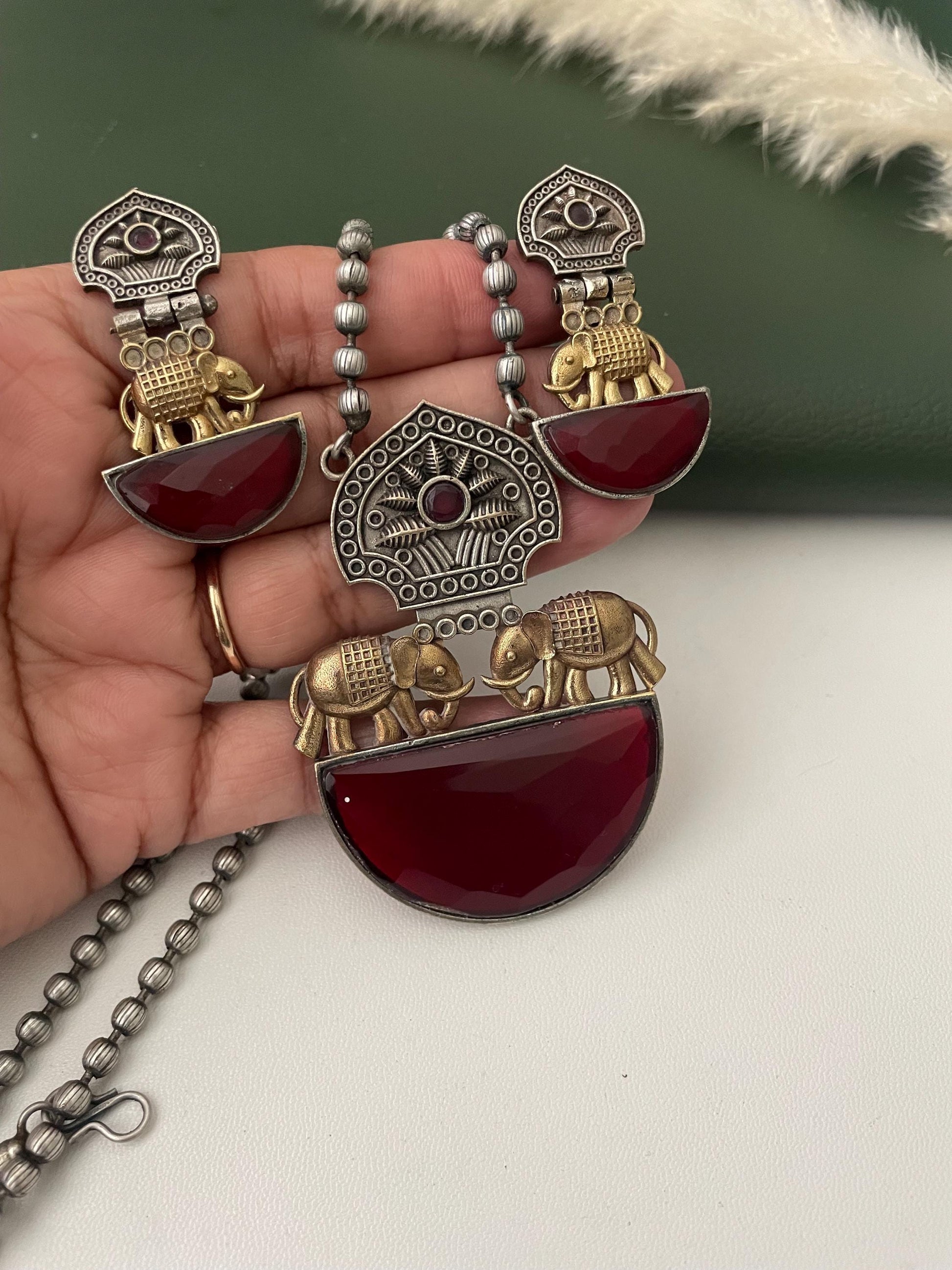 Nysaa Dual tone long necklace with Monalisa stone with matching earrings set