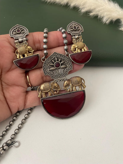 Nysaa Dual tone long necklace with Monalisa stone with matching earrings set