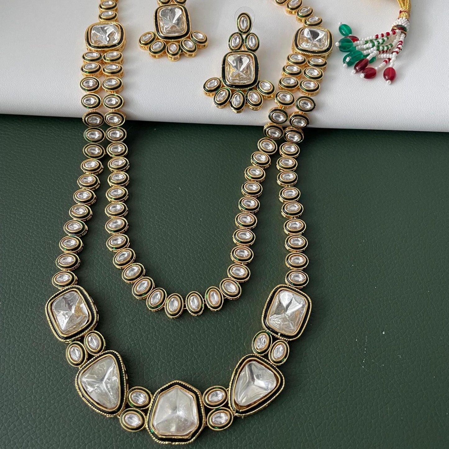 Gold Plated Kundan long layered Necklace Set: Indian Bridal Jewelry