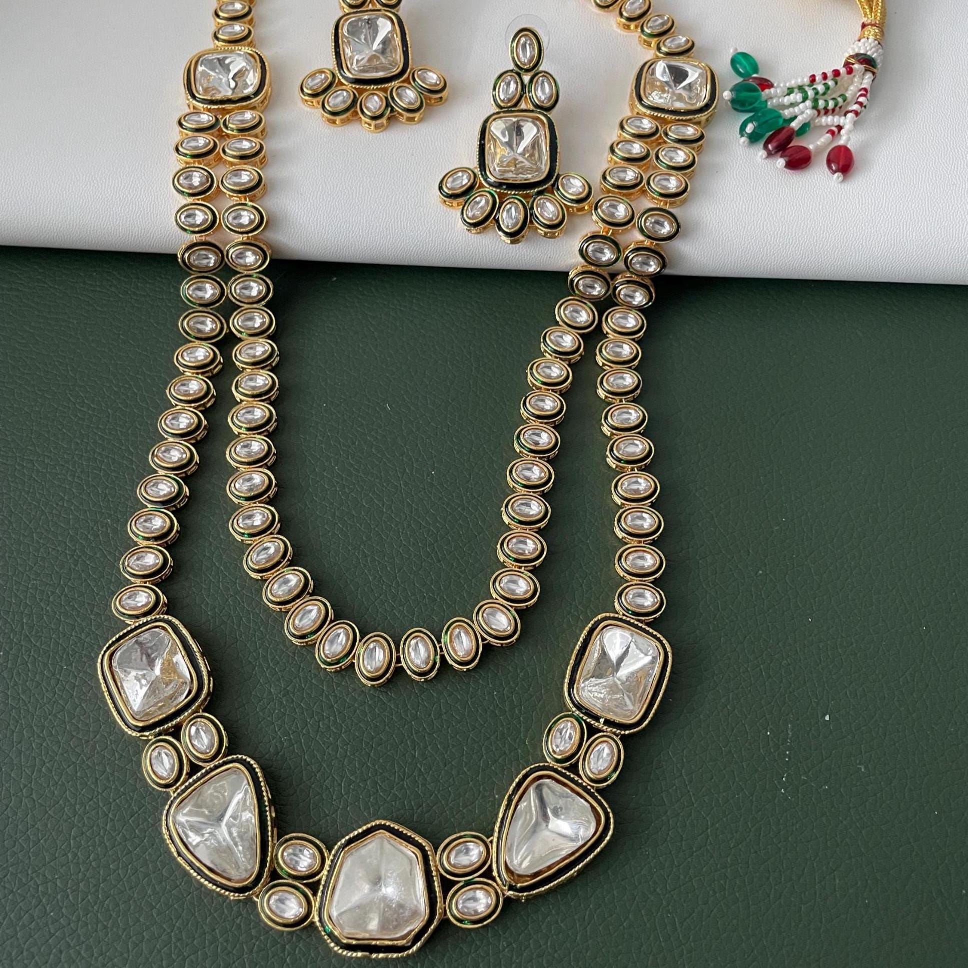 Gold Plated Kundan long layered Necklace Set: Indian Bridal Jewelry