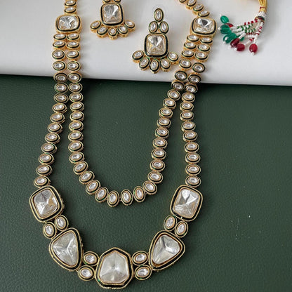 Gold Plated Kundan long layered Necklace Set: Indian Bridal Jewelry