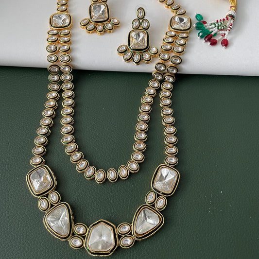 Gold Plated Kundan long layered Necklace Set: Indian Bridal Jewelry