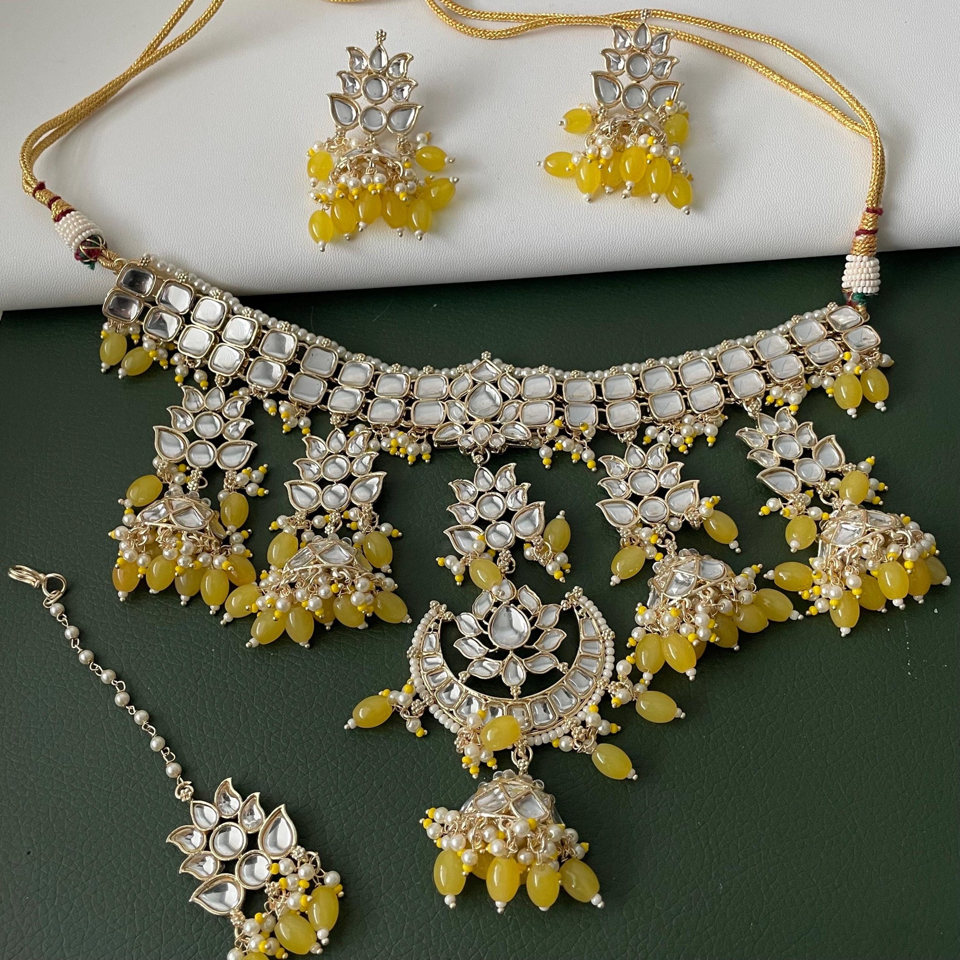 Yellow Kundan Choker Set: Bridal Necklace with Earrings & Maang Tika