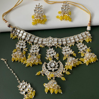 Yellow Kundan Choker Set: Bridal Necklace with Earrings & Maang Tika