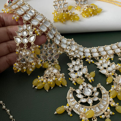 Yellow Kundan Choker Set: Bridal Necklace with Earrings & Maang Tika