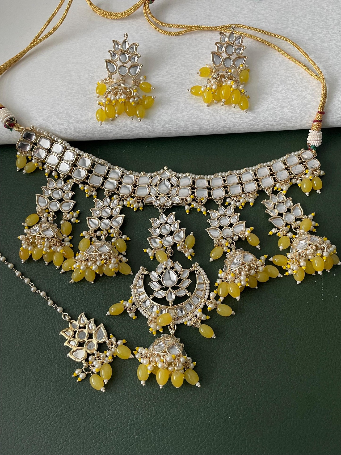 Yellow Kundan Choker Set: Bridal Necklace with Earrings & Maang Tika