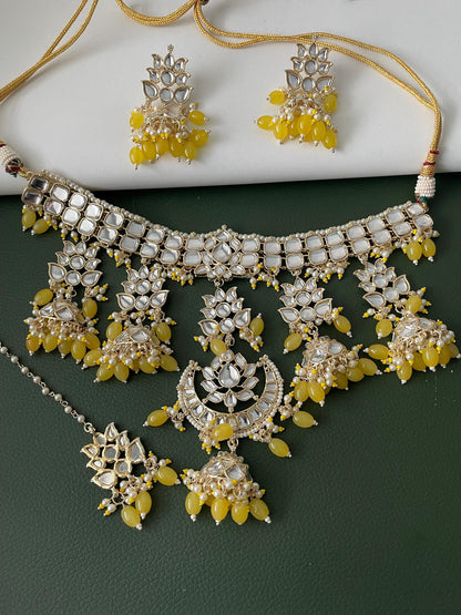 Yellow Kundan Choker Set: Bridal Necklace with Earrings & Maang Tika