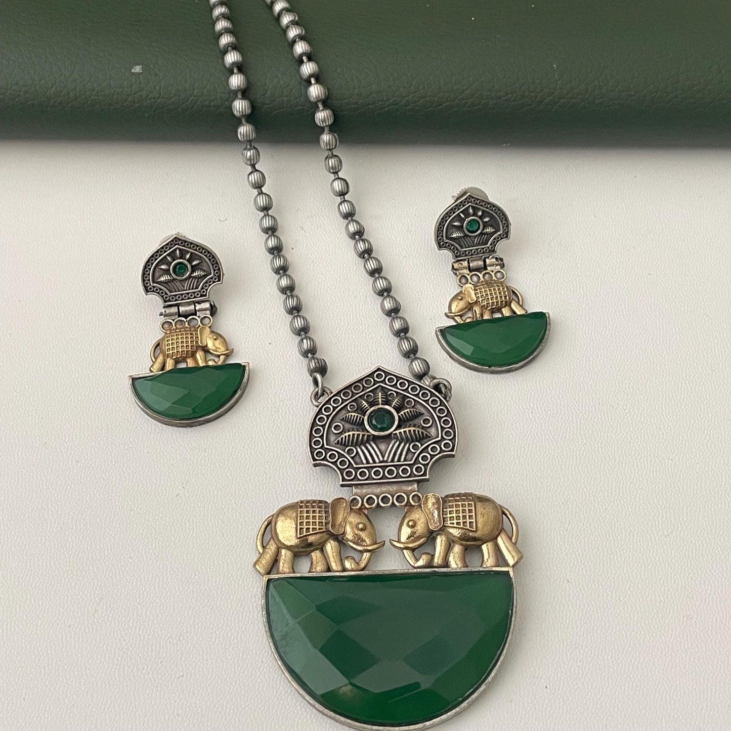 Nysaa Dual tone long necklace with Monalisa stone with matching earrings set