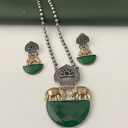 Nysaa Dual tone long necklace with Monalisa stone with matching earrings set