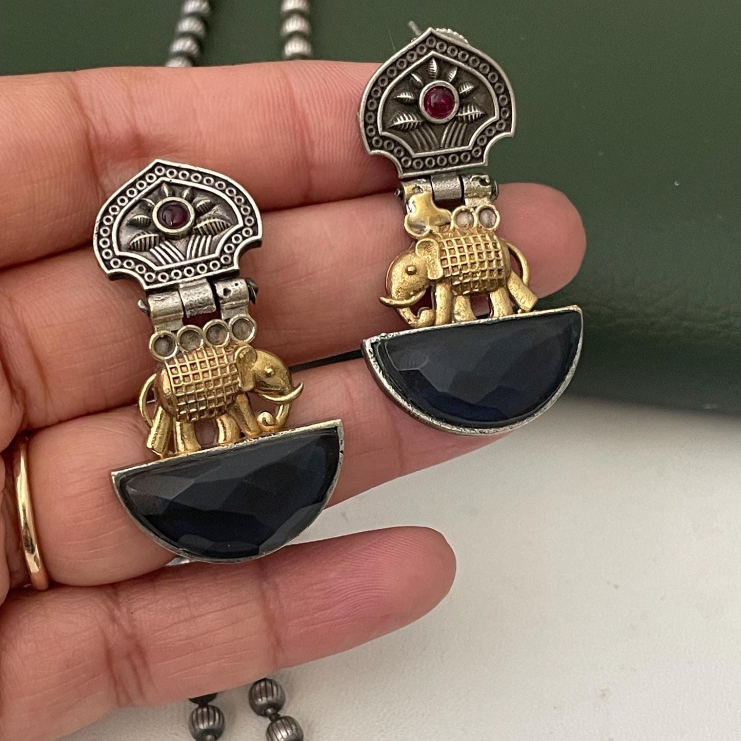 Nysaa Dual tone long necklace with Monalisa stone with matching earrings set