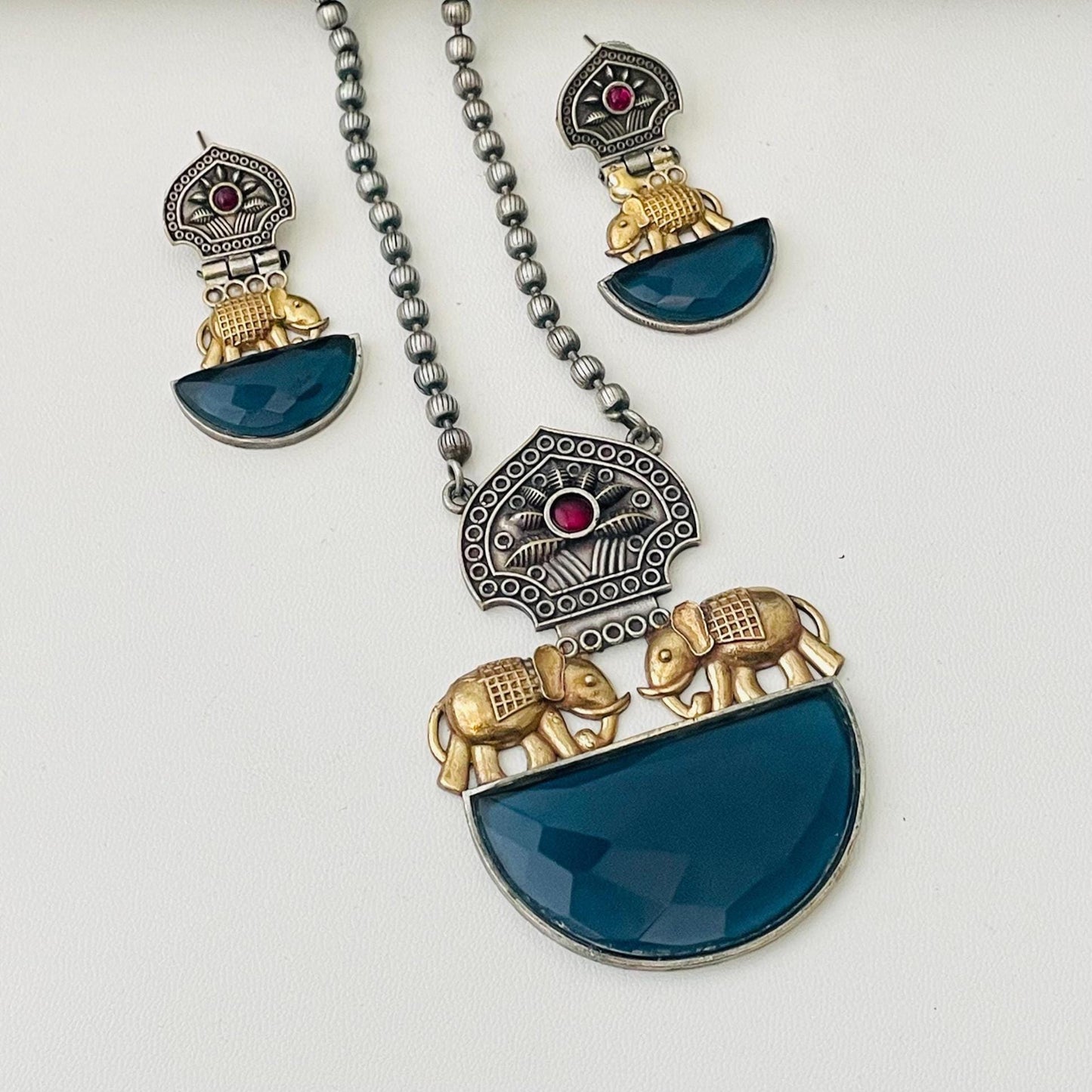 Nysaa Dual tone long necklace with Monalisa stone with matching earrings set