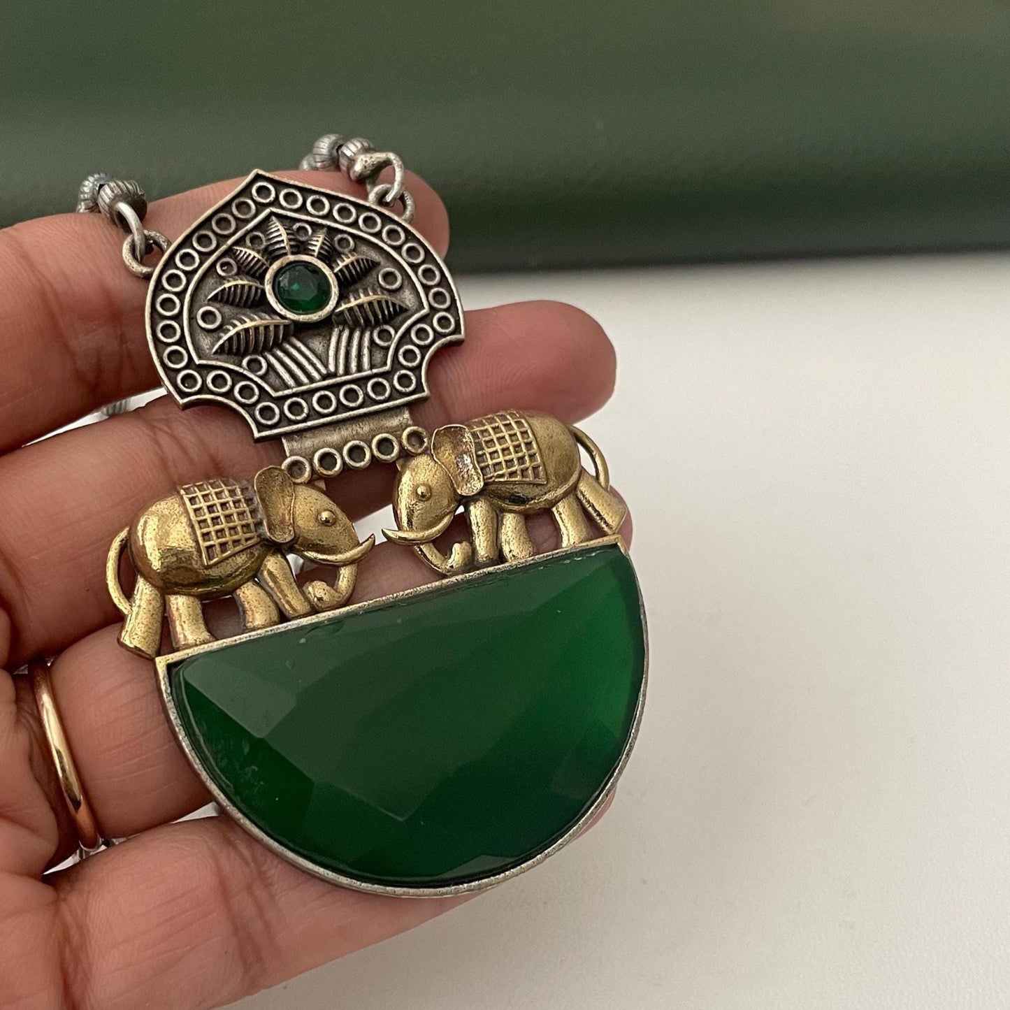 Nysaa Dual tone long necklace with Monalisa stone with matching earrings set