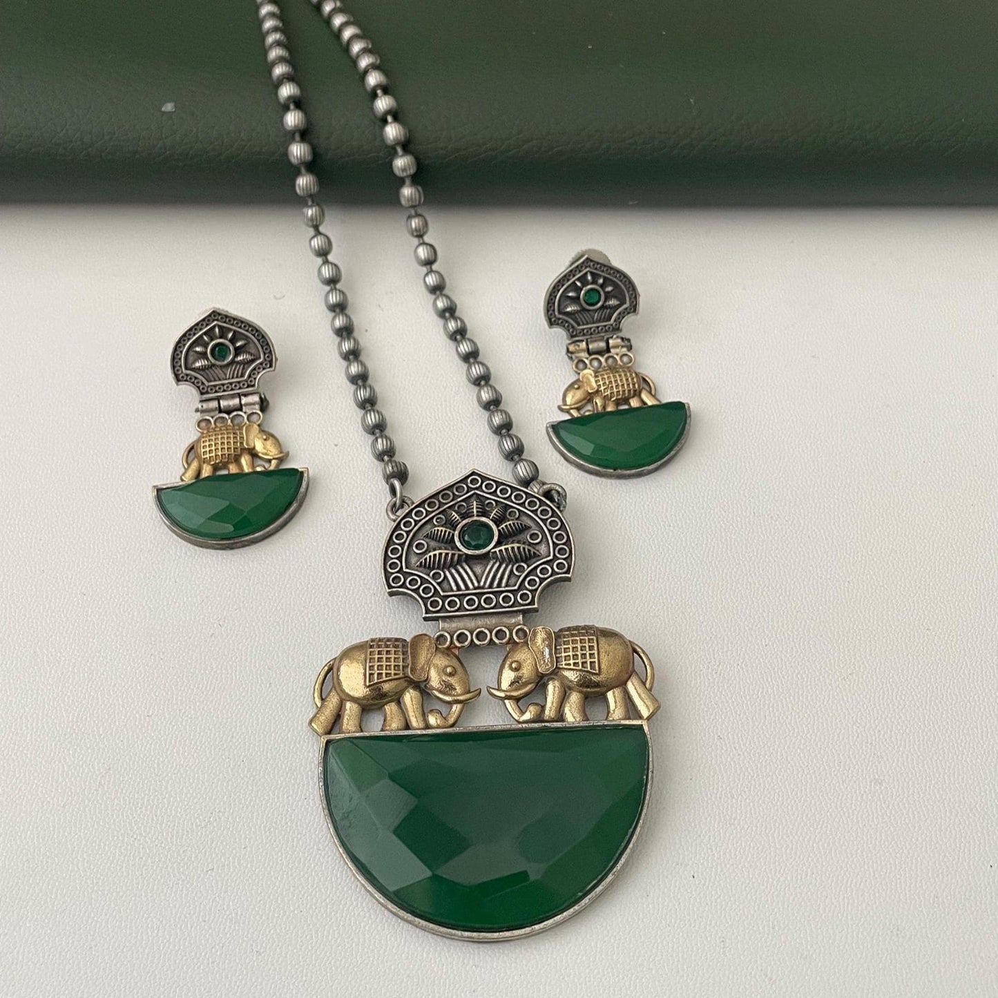 Nysaa Dual tone long necklace with Monalisa stone with matching earrings set