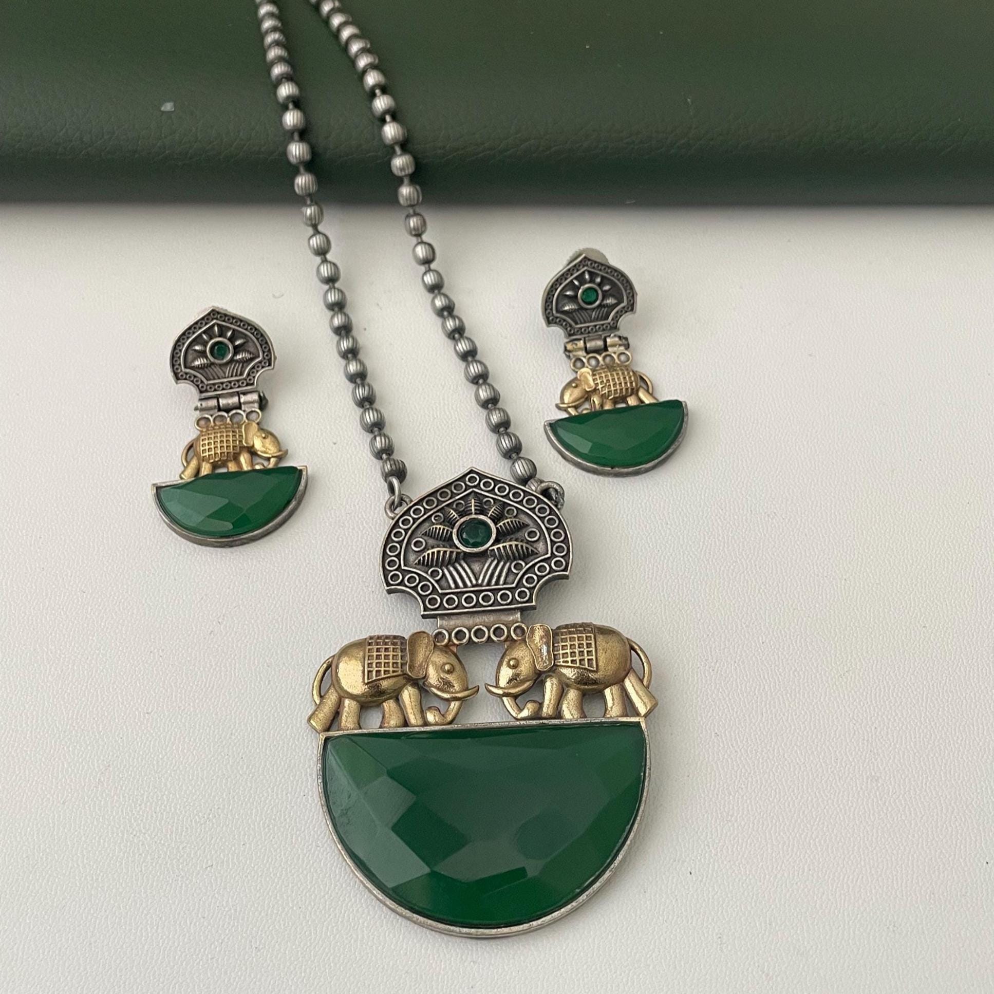 Nysaa Dual tone long necklace with Monalisa stone with matching earrings set