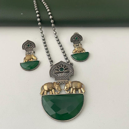 Nysaa Dual tone long necklace with Monalisa stone with matching earrings set