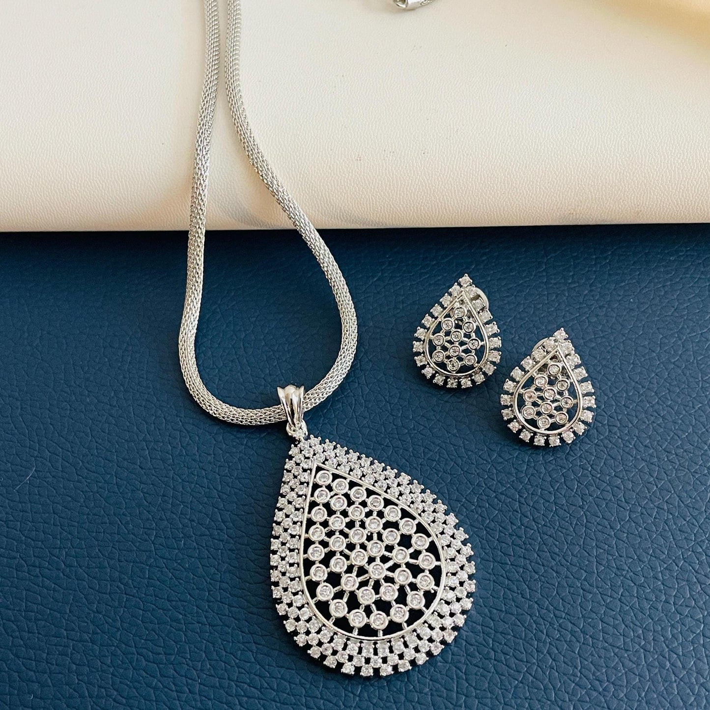 Indian Cubic Zirconia Necklace Set: Rhodium Plated Wedding Jewelry