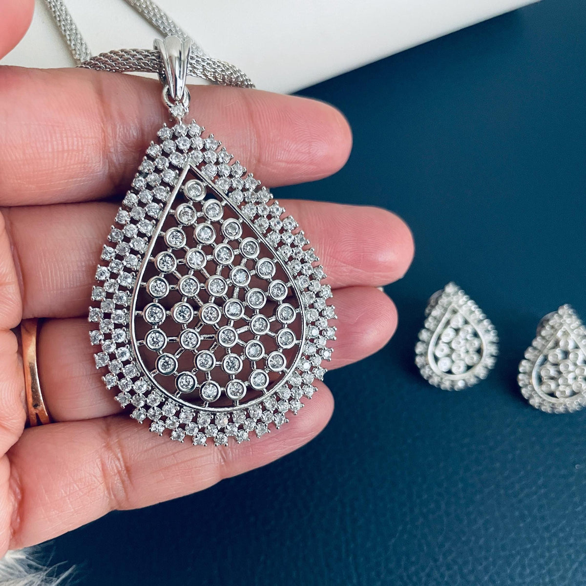Indian Cubic Zirconia Necklace Set: Rhodium Plated Wedding Jewelry
