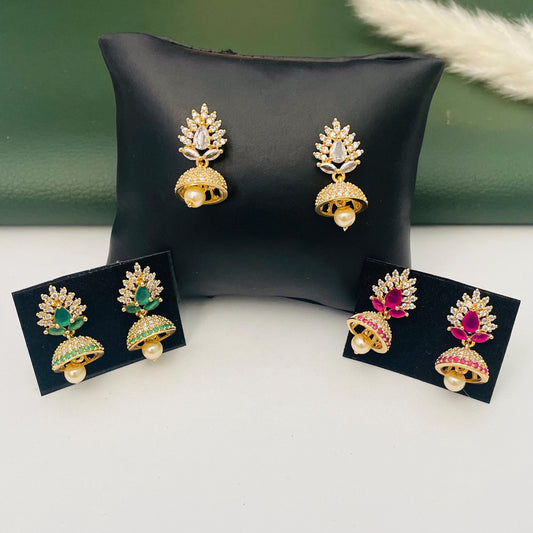 small CZ America Diamond jhumkis in green ruby and white