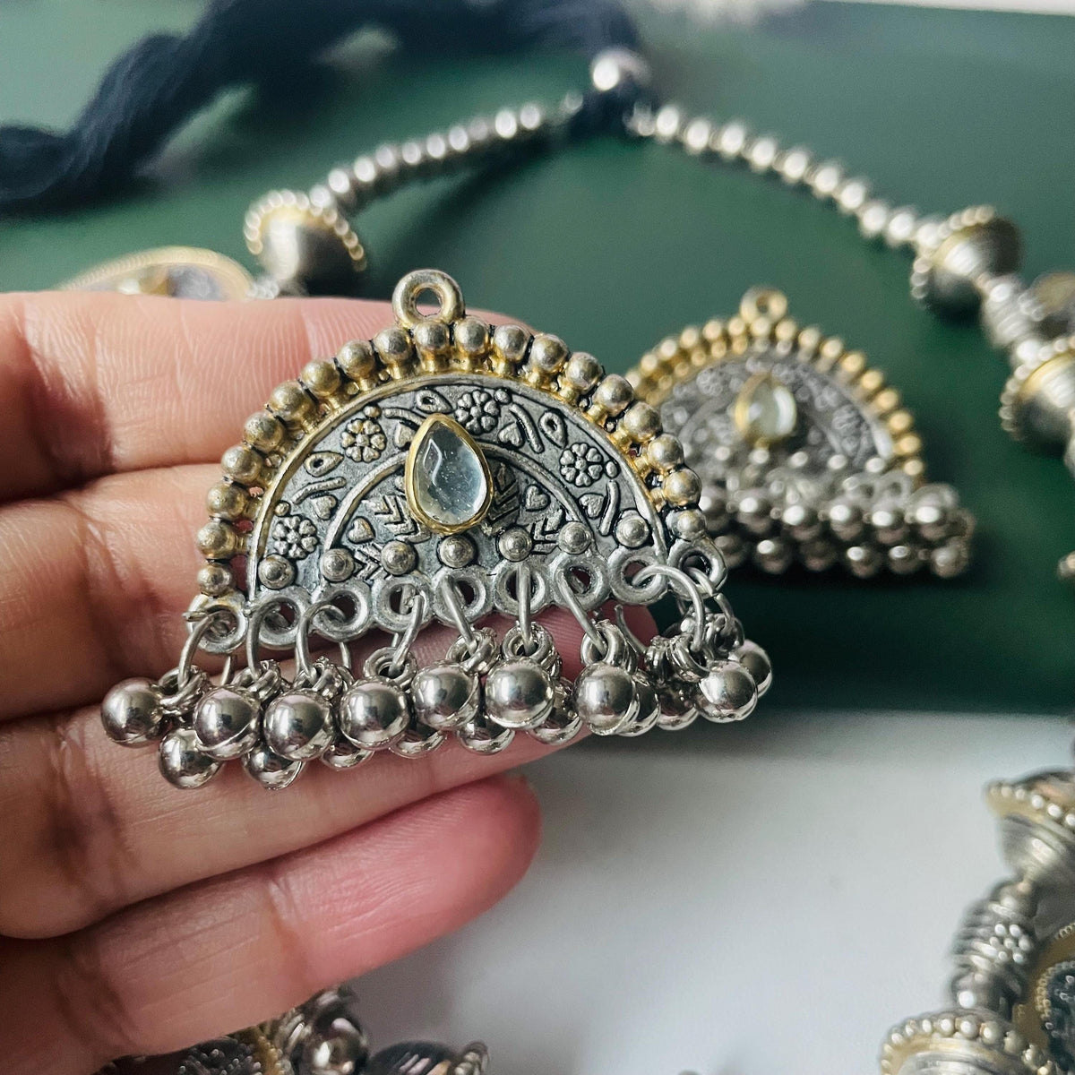 Dual tone Oxidised big pendent coin necklace set with matching earrings