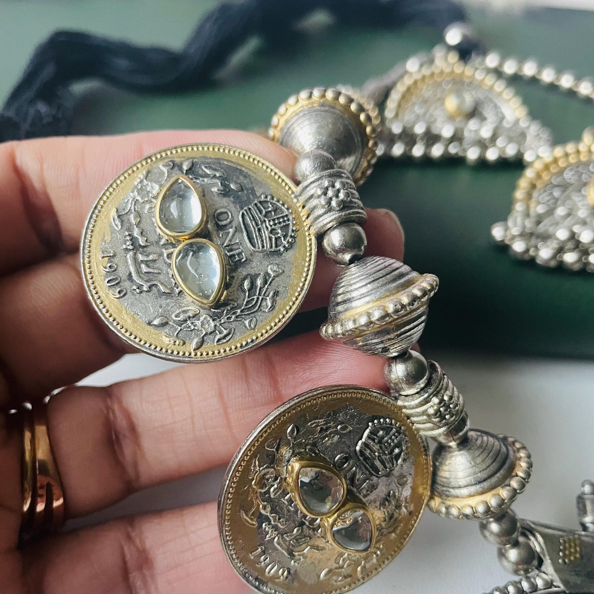 Dual tone Oxidised big pendent coin necklace set with matching earrings