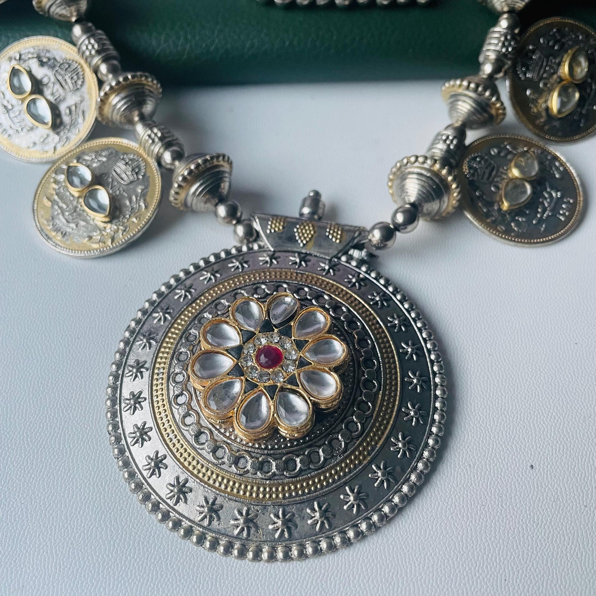 Dual tone Oxidised big pendent coin necklace set with matching earrings