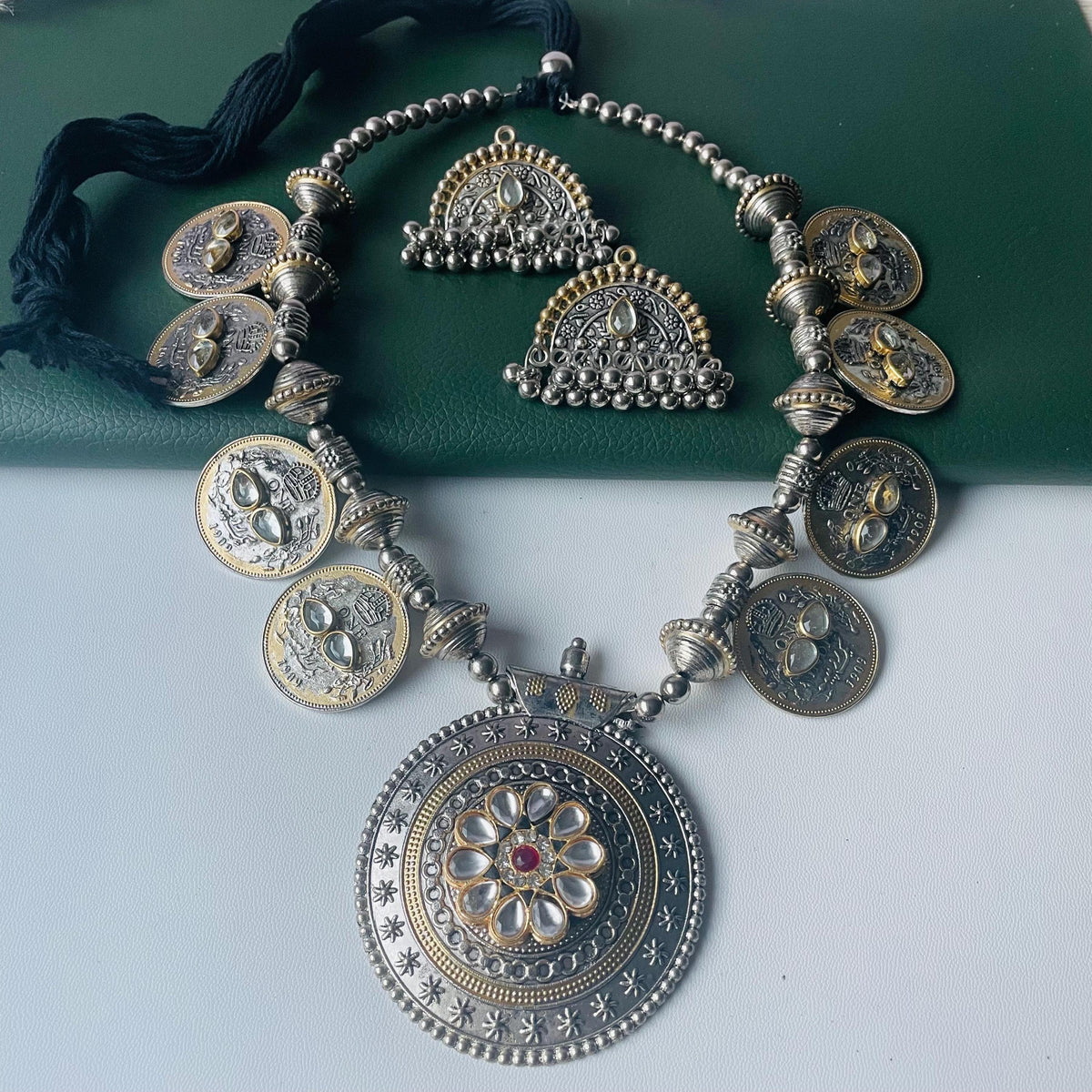 Dual tone Oxidised big pendent coin necklace set with matching earrings