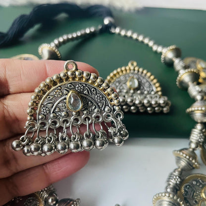 Dual tone Oxidised big pendent coin necklace set with matching earrings