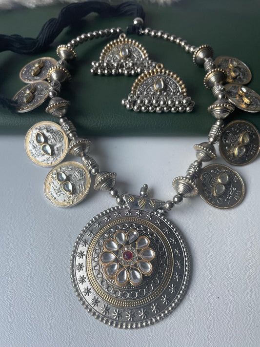 dual tone oxidized coin necklace with big pendant set with matching earrings