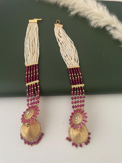 Gold Plated Jhumki Earrings with Ear Chain: Bridal Jewelry