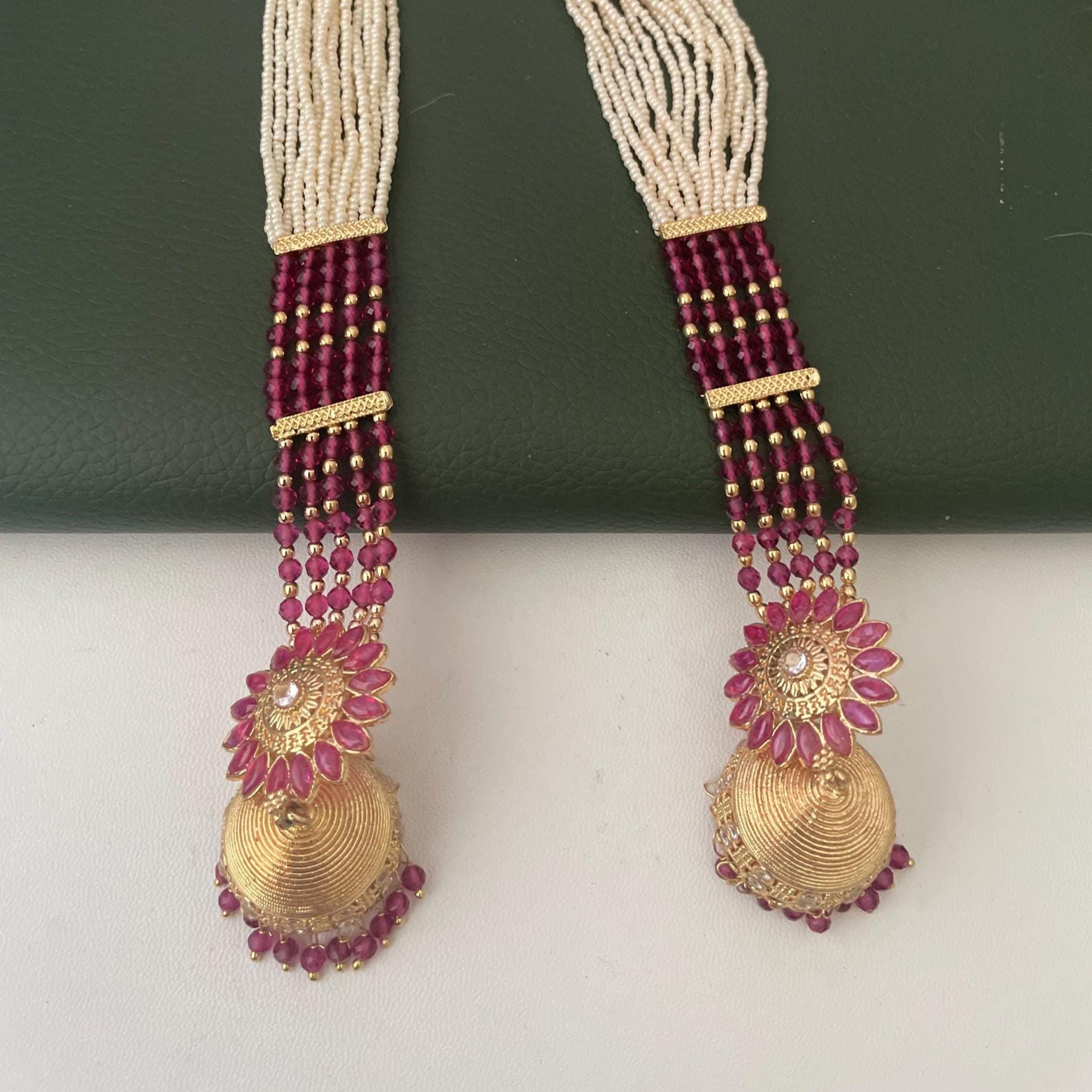 Gold Plated Jhumki Earrings with Ear Chain: Bridal Jewelry
